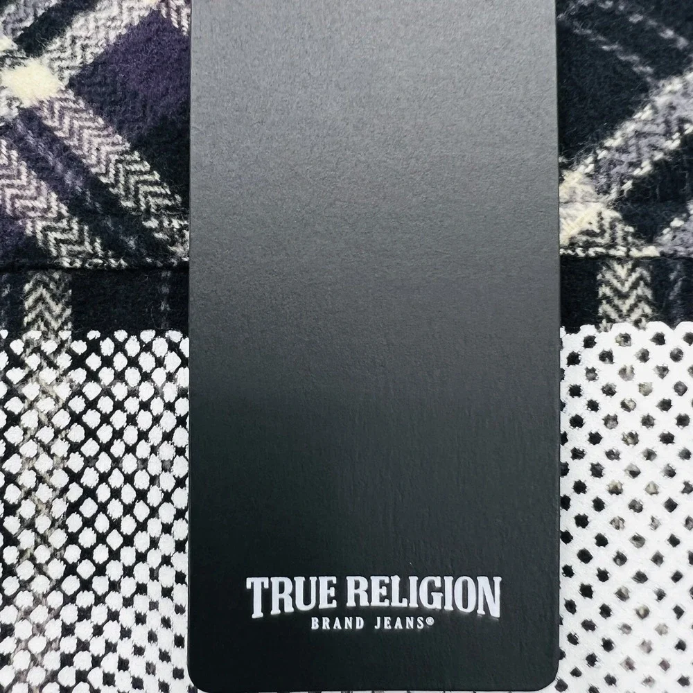 True Religion Mens Black Tan Fleece Plaid Shirt Sz Small Travertine Workwear NWT